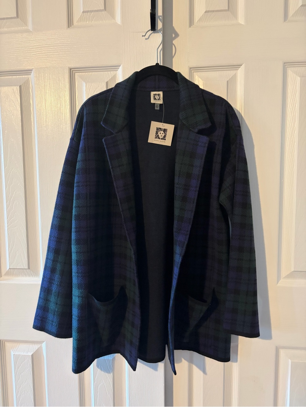 Anne Klein Navy, Green & Black Tartan Plaid Open-Front Sweater Blazer/Cardigan